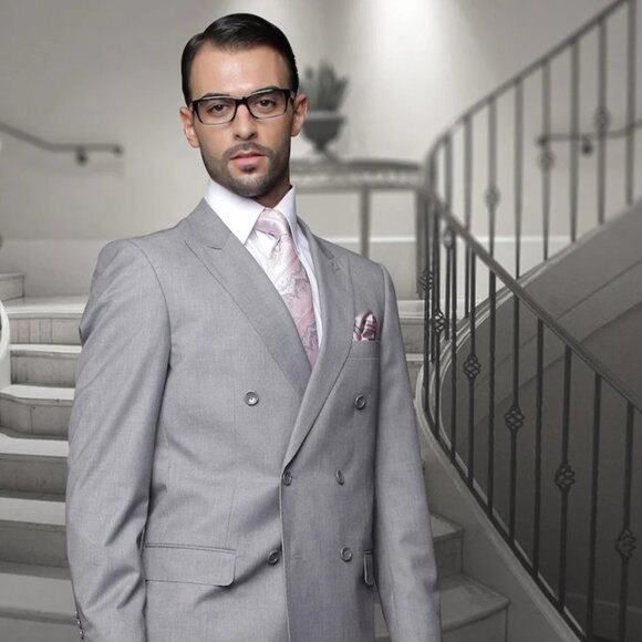 Mens Classic Wool Double Breasted Suit in Grey - Picture 1 of 2